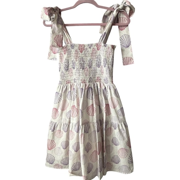 Kathleen Maeve Seaside Linen Seashell Print Smocked Tie-Strap Dress Size Small - Picture 6 of 9